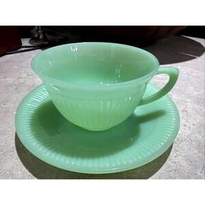 2 VTG Fire King Jadeite Green Ribbed Coffee/Tea Cups & Saucers Jane Ray
